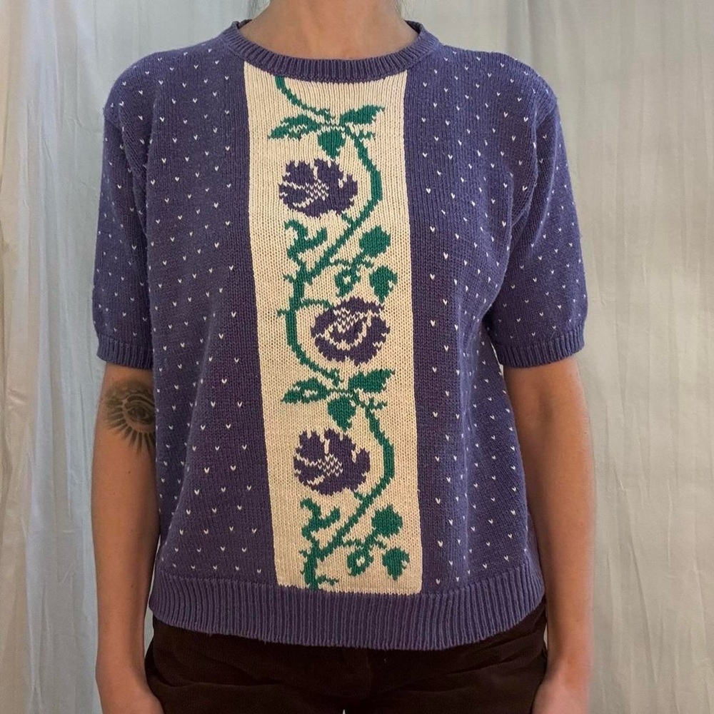 Vintage Purple Sweater with Floral Panel